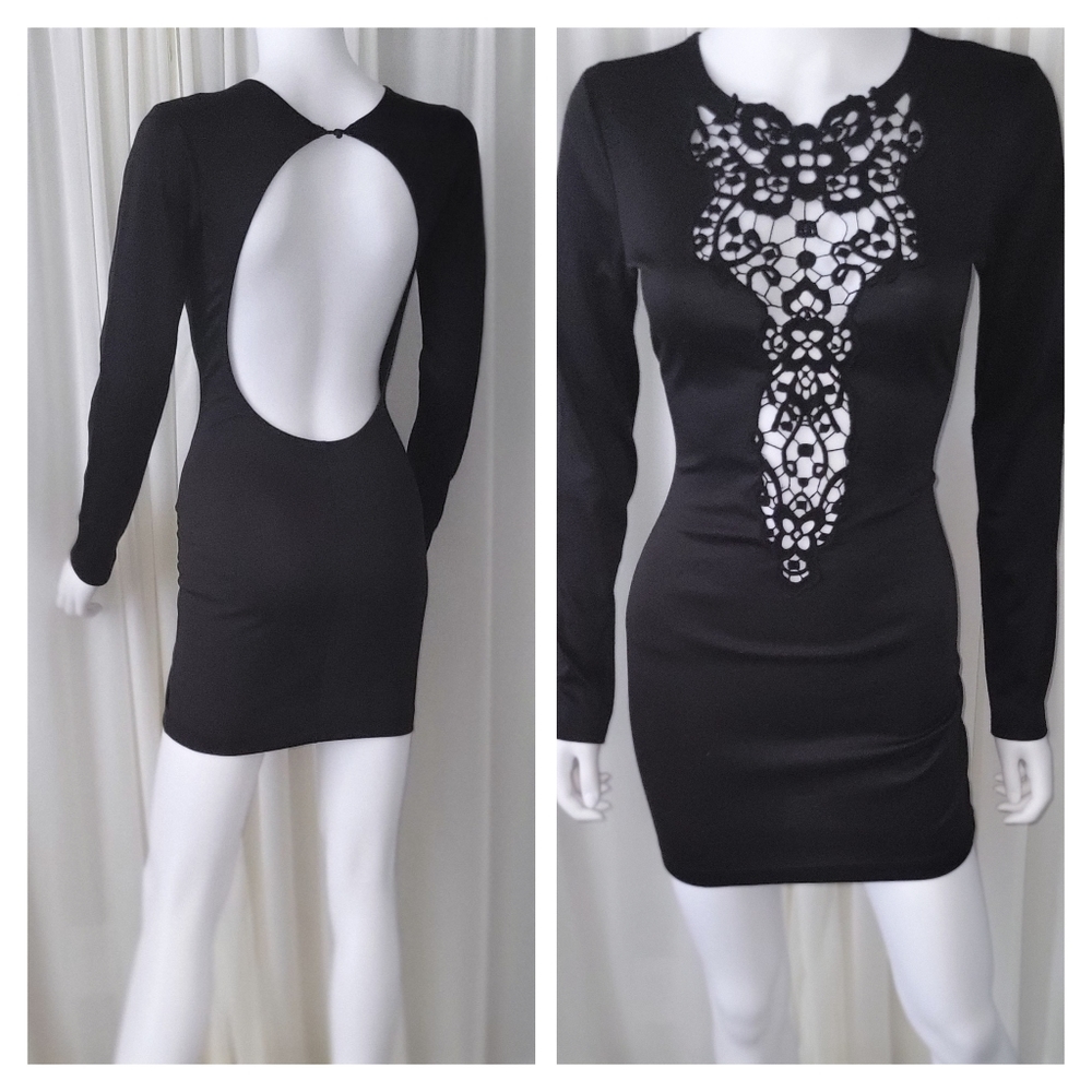 Dress The Population Mini • Sheer Knit Lace Top • Open Back • Long Sleeve • M